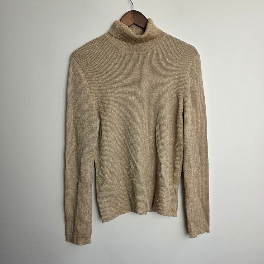 Lauren Ralph Lauren VTG Gold Metallic Turtleneck Sweater Ribbed Knit Party XL